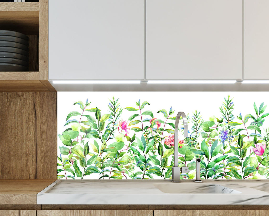 Watercolor Garden Bliss - Glass Kitchen Backsplash-BacksplashArtworks
