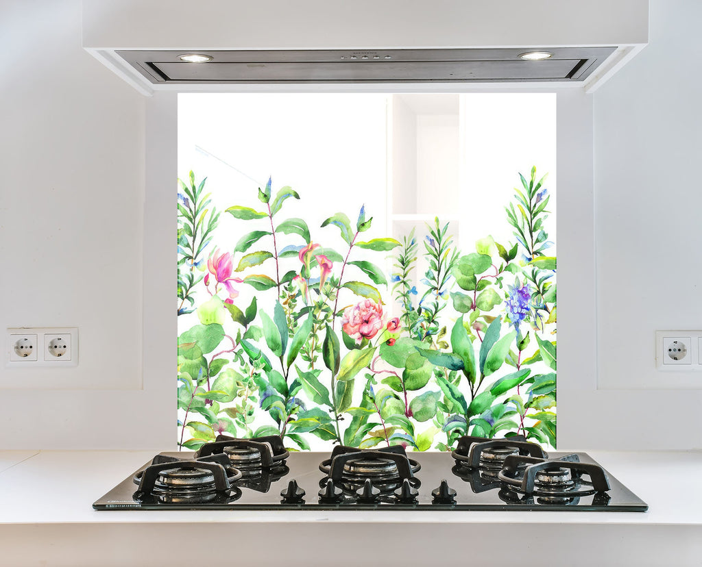Watercolor Garden Bliss - Glass Kitchen Backsplash-BacksplashArtworks