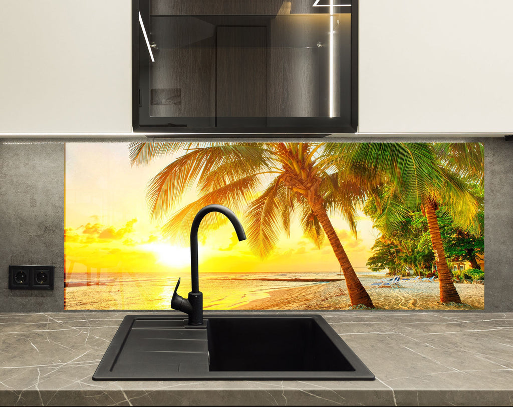 Tropical Beach Sunset Wall Art – Tempered Glass Kitchen Backsplash-BacksplashArtworks