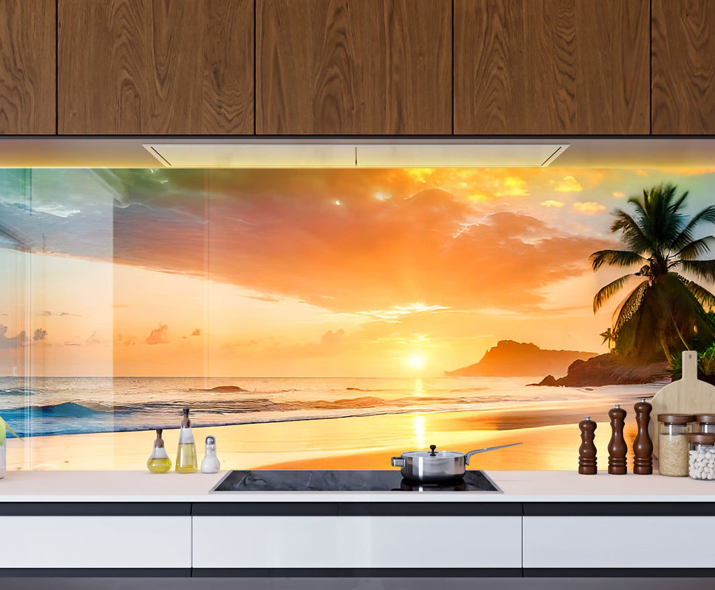 Tropical Sunset Beach Wall Art – Tempered Glass Bathroom Backsplash-BacksplashArtworks