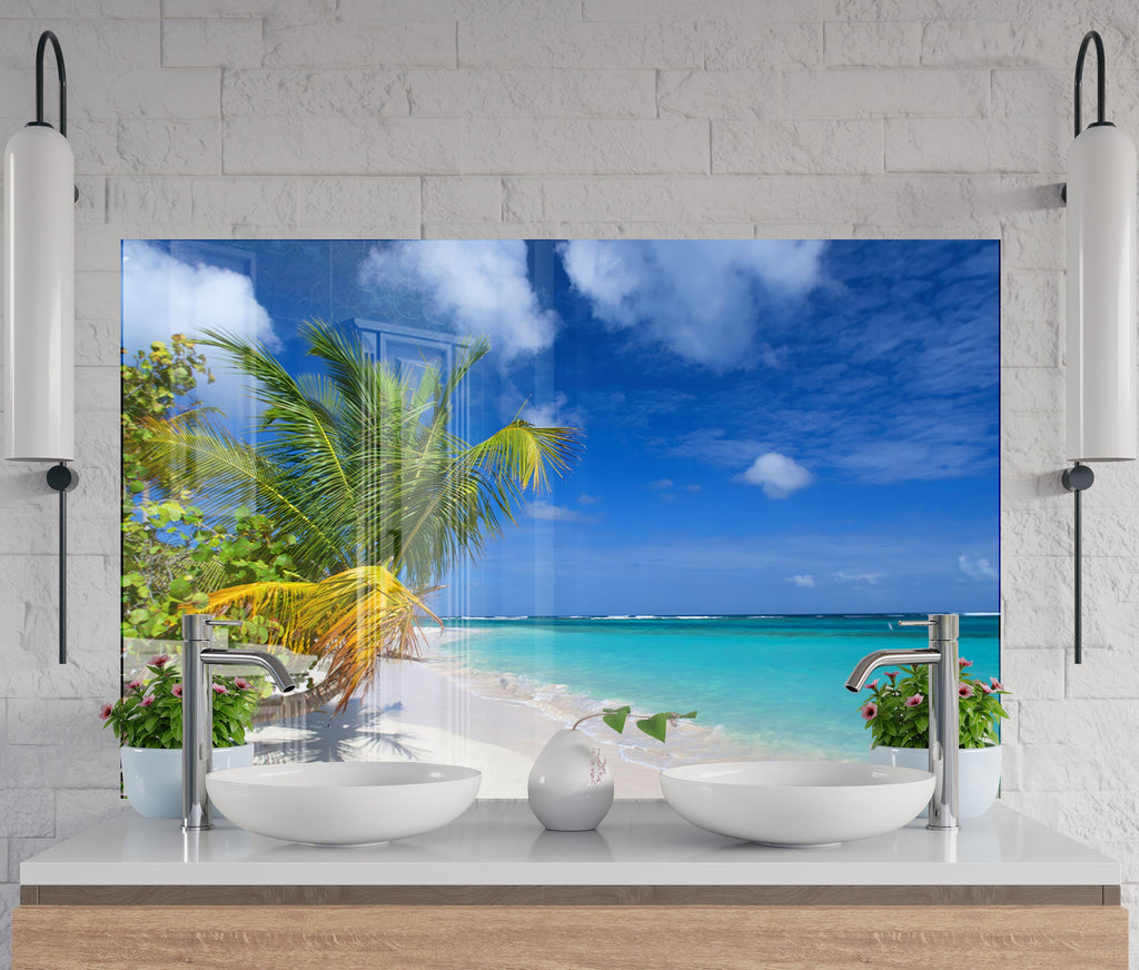 Tropical Palm Beach Wall Art – Tempered Glass Kitchen Backsplash-BacksplashArtworks