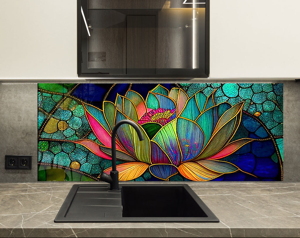 Lotus Stained - Glass Kitchen Backsplash-BacksplashArtworks