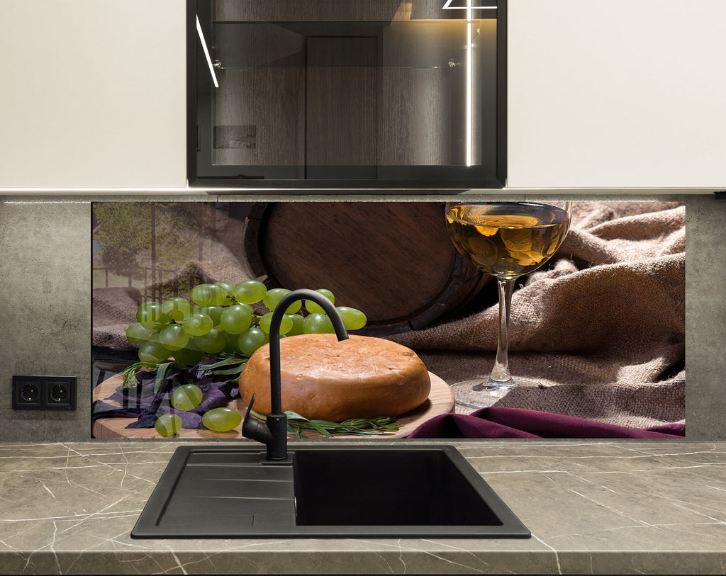Rustic Wine & Cheese Glass Kitchen Backsplash – Barrel & Grapes-BacksplashArtworks