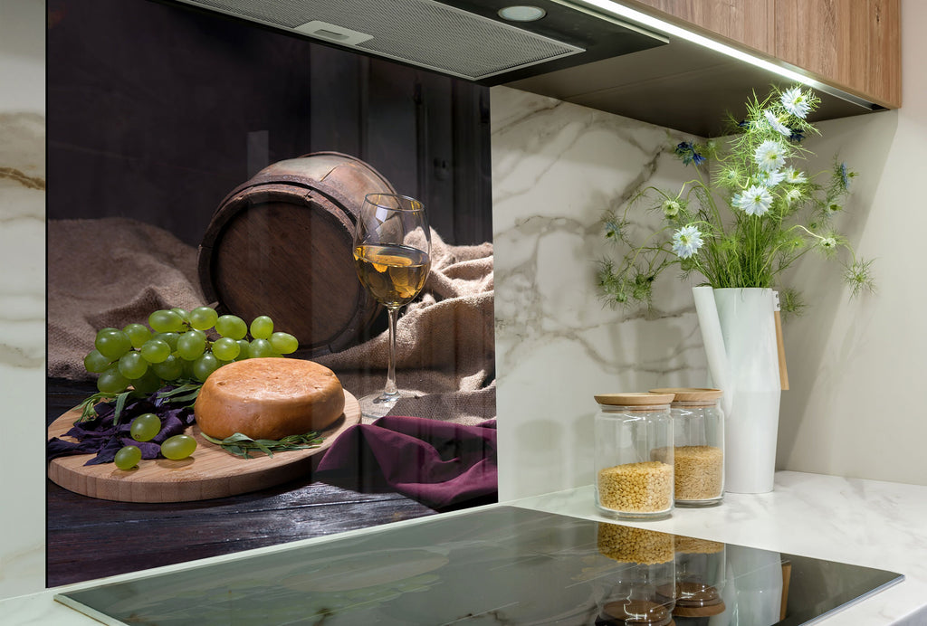 Rustic Wine & Cheese Glass Kitchen Backsplash – Barrel & Grapes-BacksplashArtworks