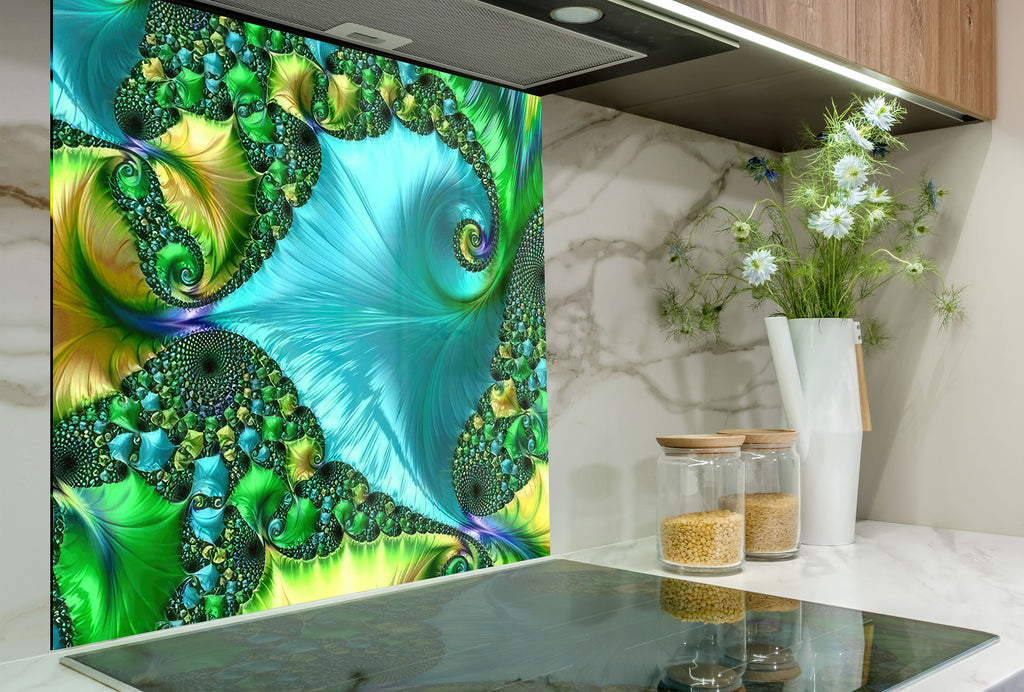 Green Fractal Tempered Glass Backsplash-BacksplashArtworks