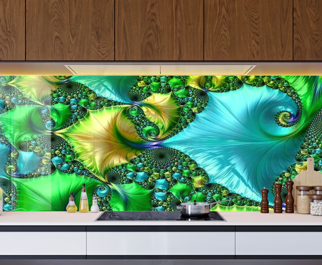 Green Fractal Tempered Glass Backsplash-BacksplashArtworks