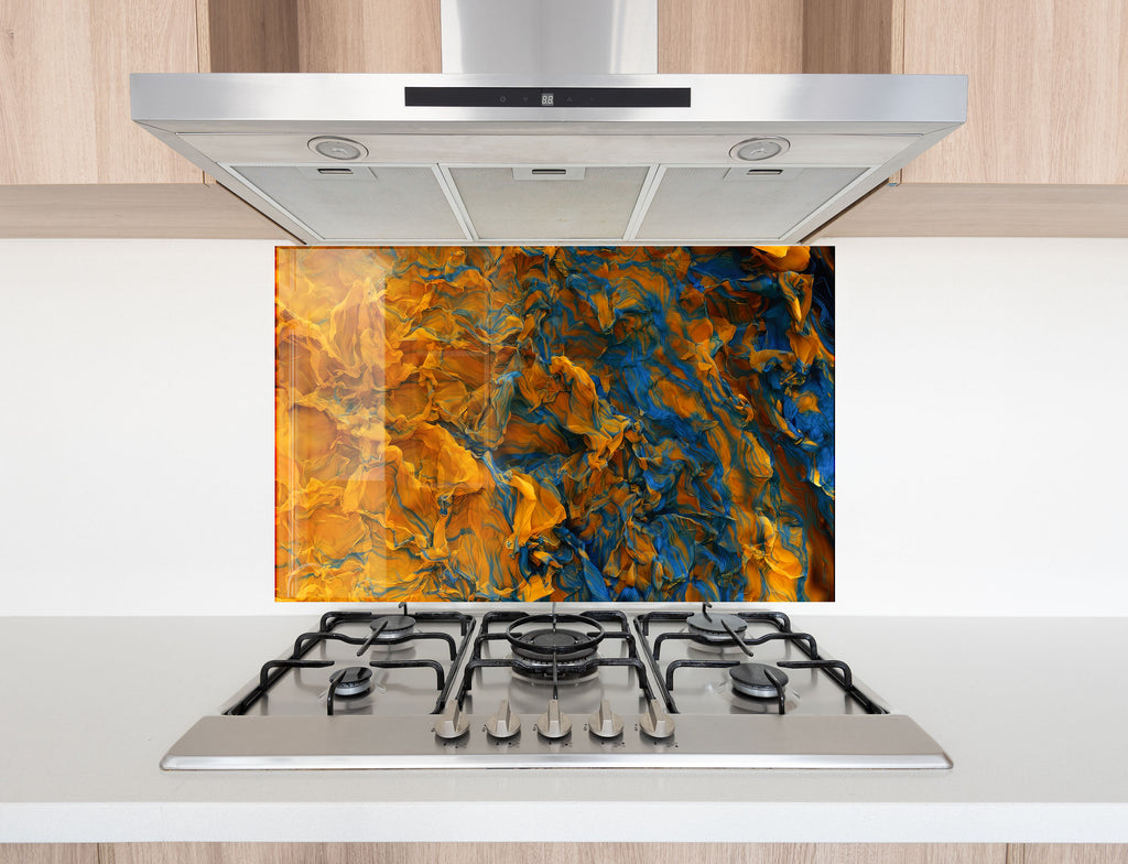 Golden & Blue Marble Waves - Glass Kitchen Backsplash-BacksplashArtworks