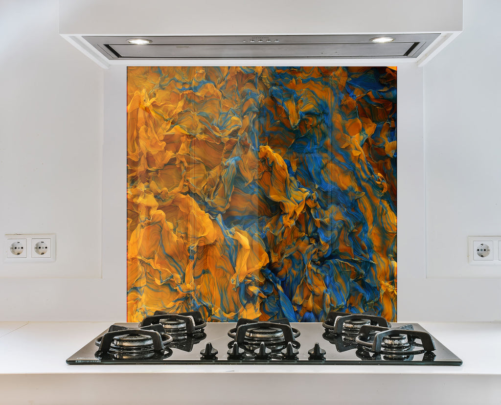 Golden & Blue Marble Waves - Glass Kitchen Backsplash-BacksplashArtworks