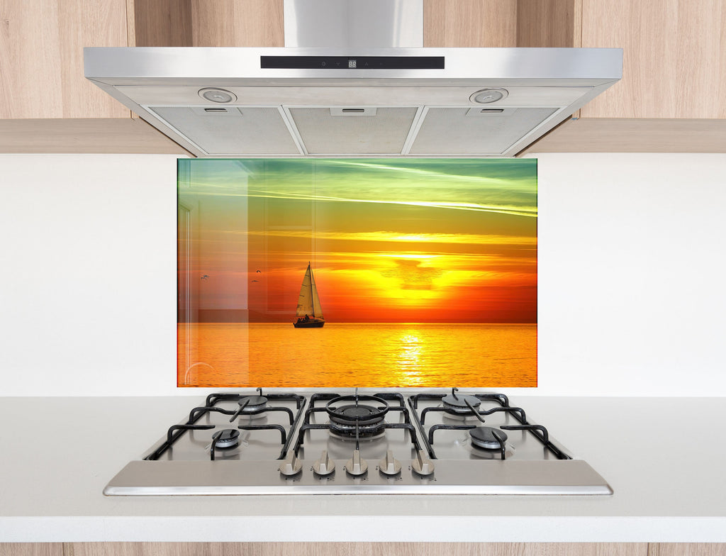 Golden Sunset Sailboat - Glass Kitchen Backsplash-BacksplashArtworks