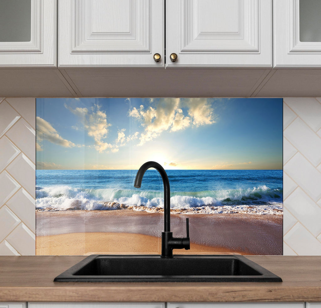 Golden Beach Waves - Glass Kitchen Backsplash-BacksplashArtworks