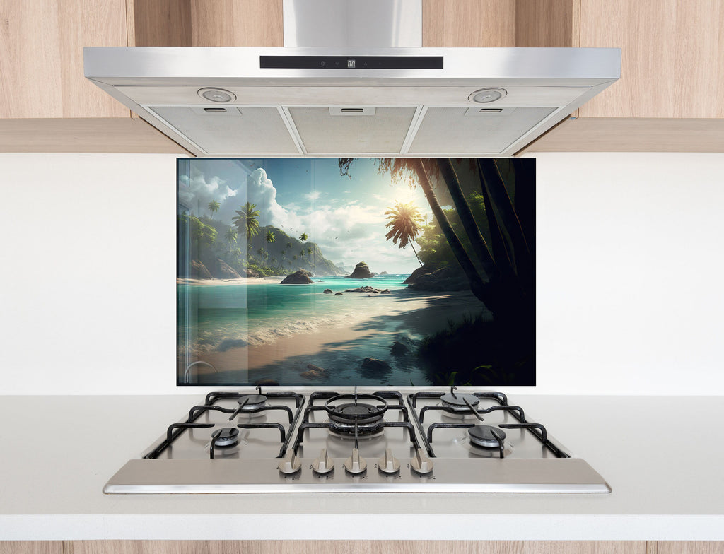 Tropical Paradise Beach - Tempered Glass Kitchen Backsplash-BacksplashArtworks