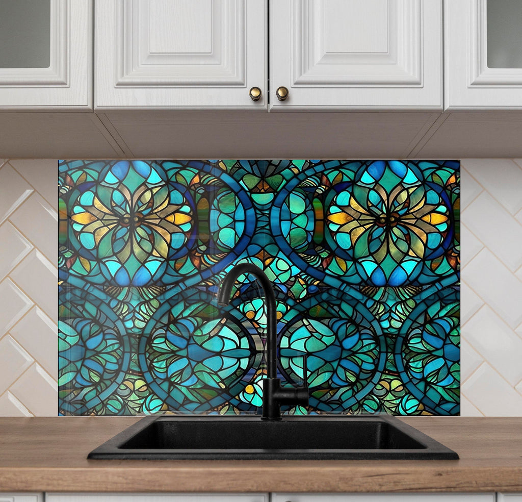 Stained Glass Floral Design - Glass Kitchen Backsplash-BacksplashArtworks