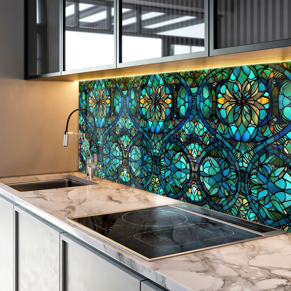Stained Glass Floral Design - Glass Kitchen Backsplash-BacksplashArtworks