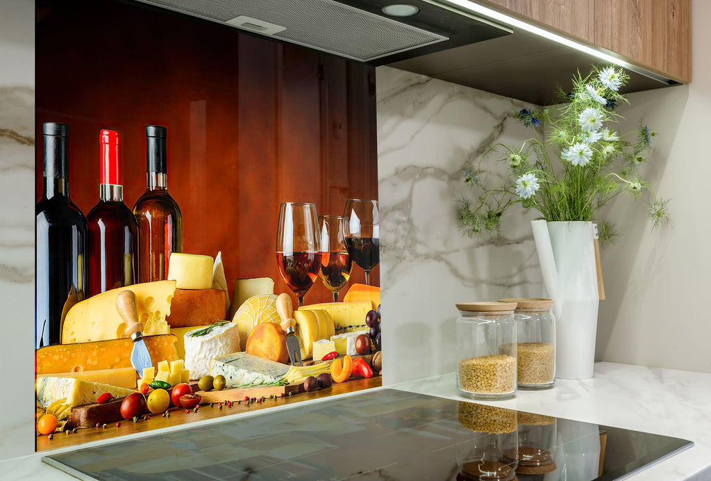 Wine & Cheese Glass Kitchen Backsplash – Elegant Wine & Cheese Design-BacksplashArtworks