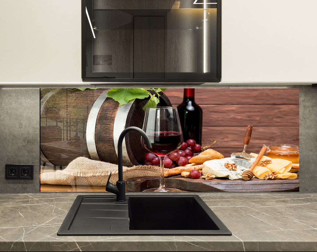 Wine & Cheese Glass Kitchen Backsplash – Wine Barrel & Grapes Design-BacksplashArtworks