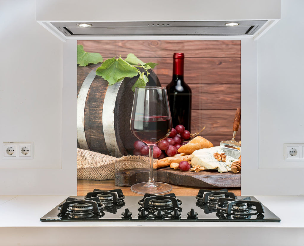 Wine & Cheese Glass Kitchen Backsplash – Wine Barrel & Grapes Design-BacksplashArtworks