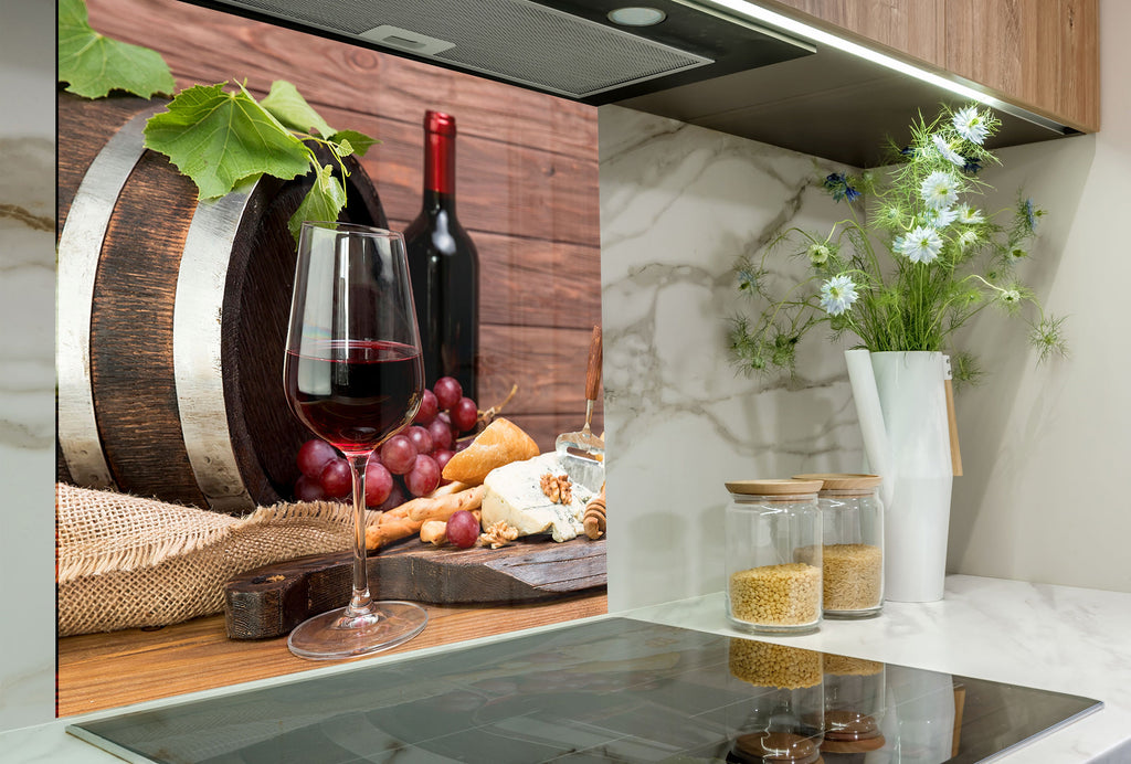 Wine & Cheese Glass Kitchen Backsplash – Wine Barrel & Grapes Design-BacksplashArtworks