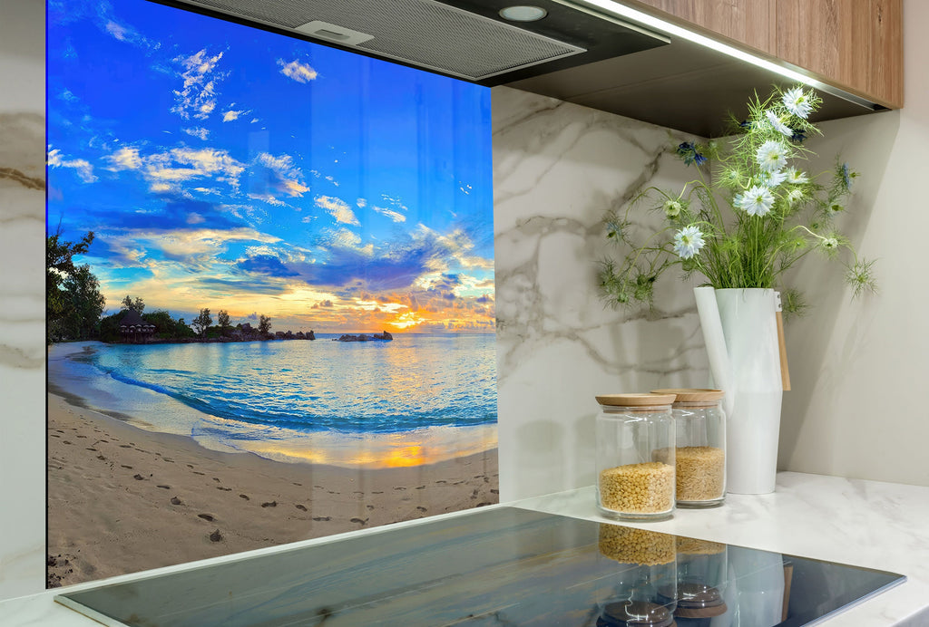 Tropical Sunset Beach View Wall Art – Tempered Glass Bathroom Backsplash-BacksplashArtworks