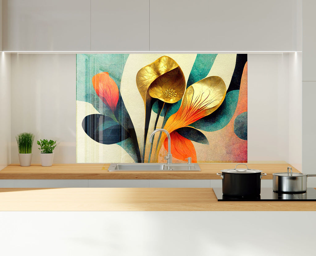Golden Abstract Flora - Glass Kitchen Backsplash-BacksplashArtworks