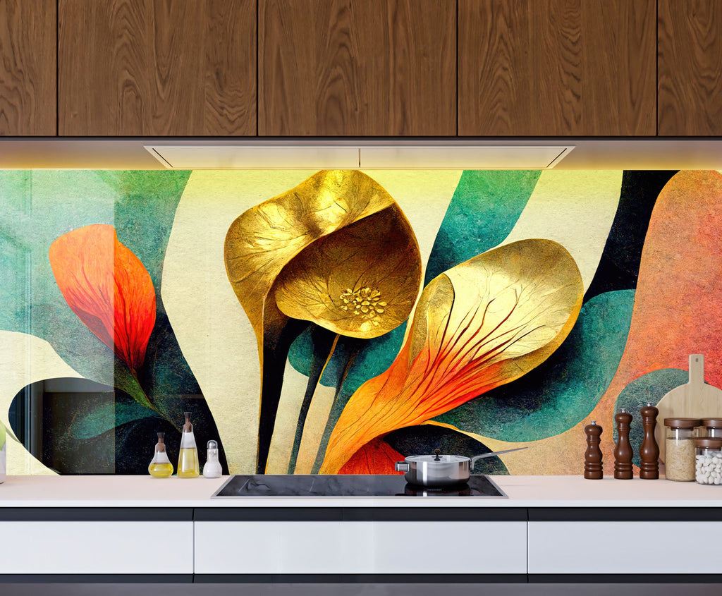 Golden Abstract Flora - Glass Kitchen Backsplash-BacksplashArtworks