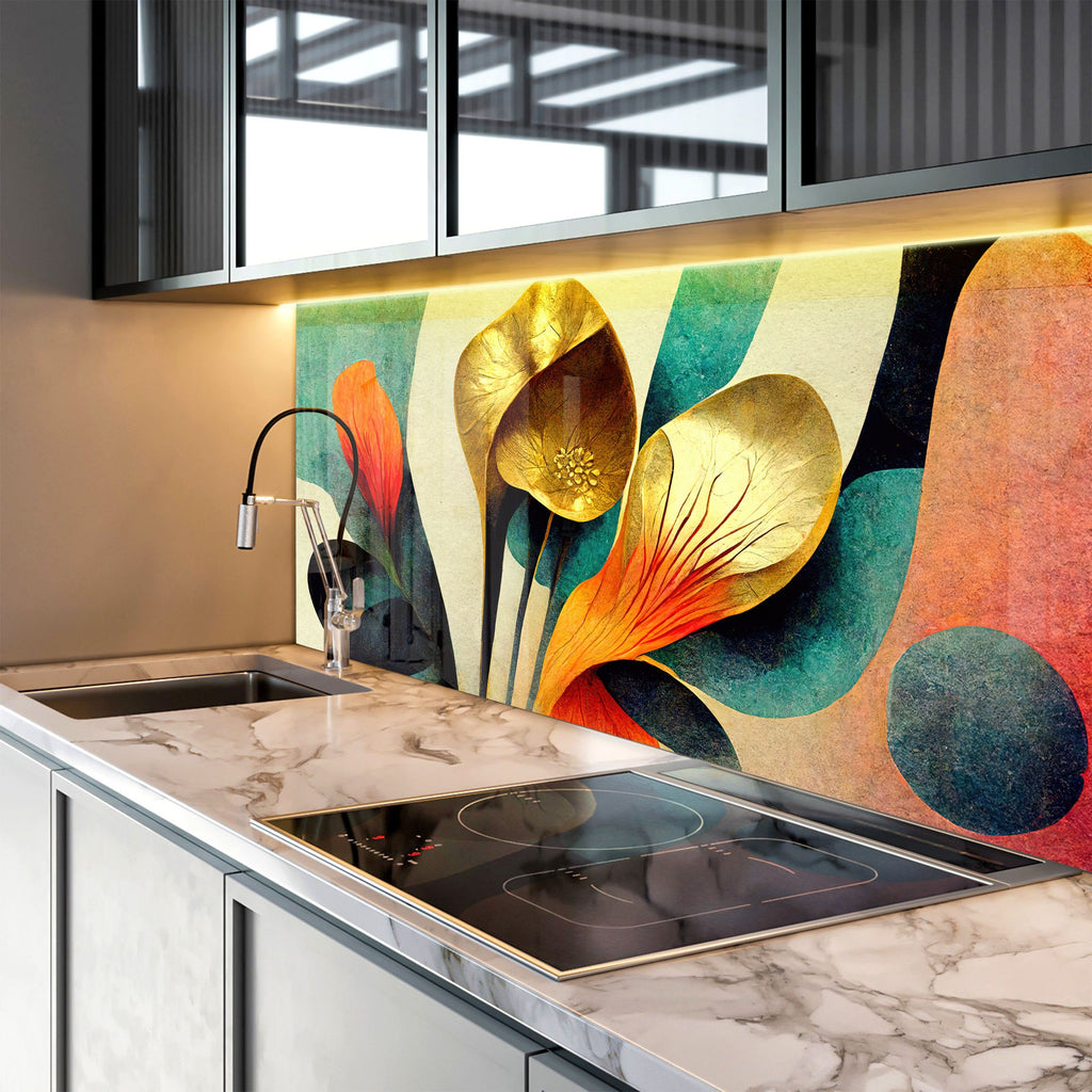 Golden Abstract Flora - Glass Kitchen Backsplash-BacksplashArtworks