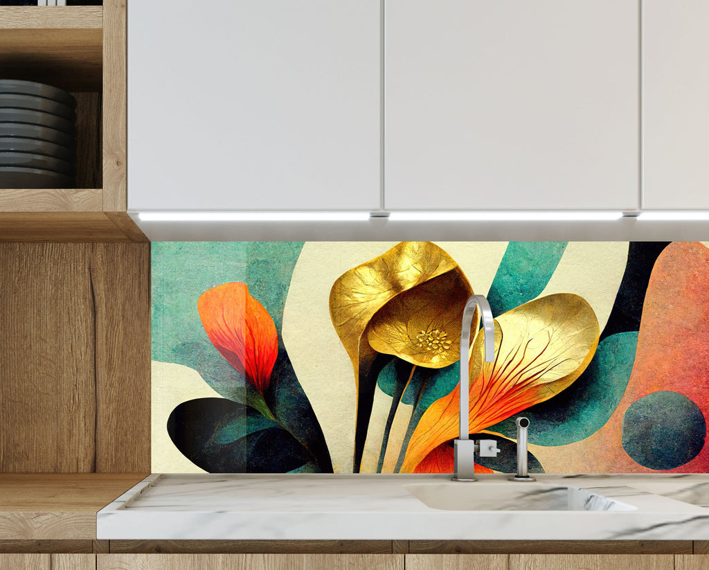 Golden Abstract Flora - Glass Kitchen Backsplash-BacksplashArtworks