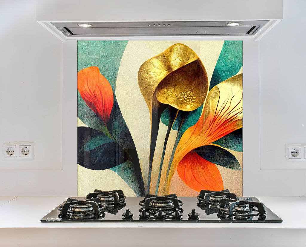 Golden Abstract Flora - Glass Kitchen Backsplash-BacksplashArtworks