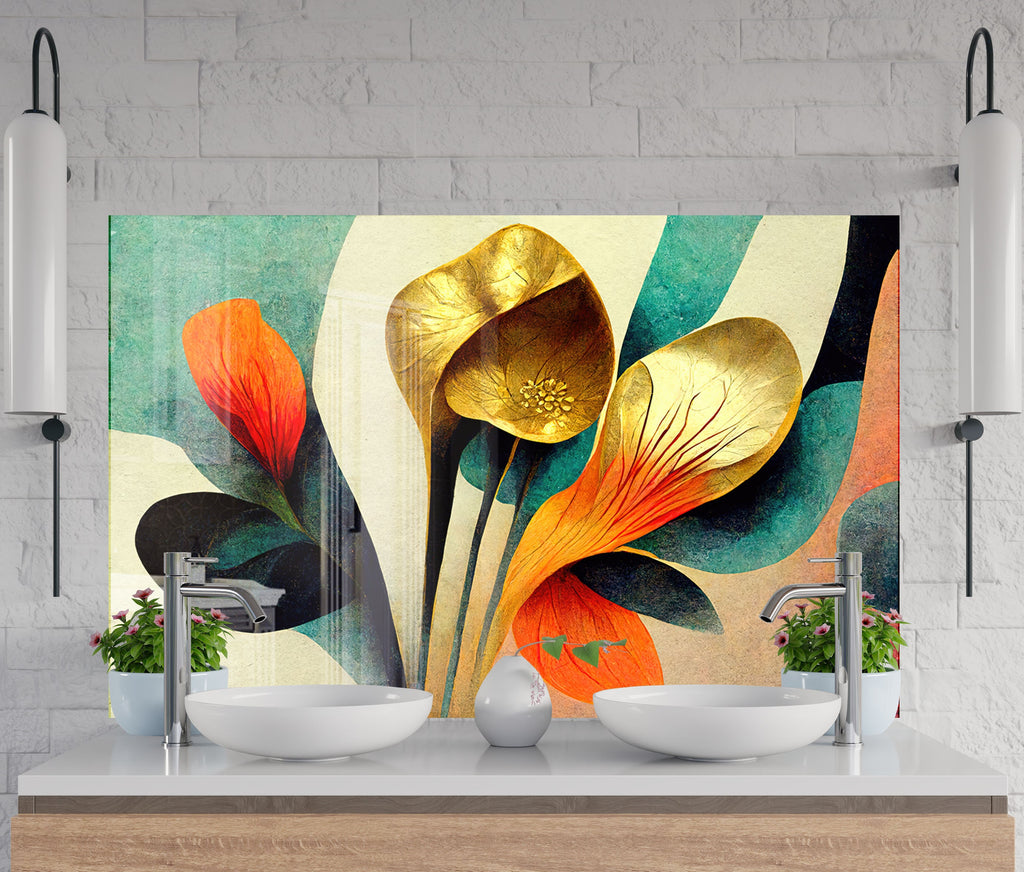 Golden Abstract Flora - Glass Kitchen Backsplash-BacksplashArtworks