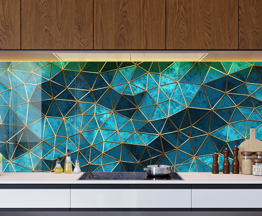 Geometric Blue & Gold - Glass Kitchen Backsplash-BacksplashArtworks