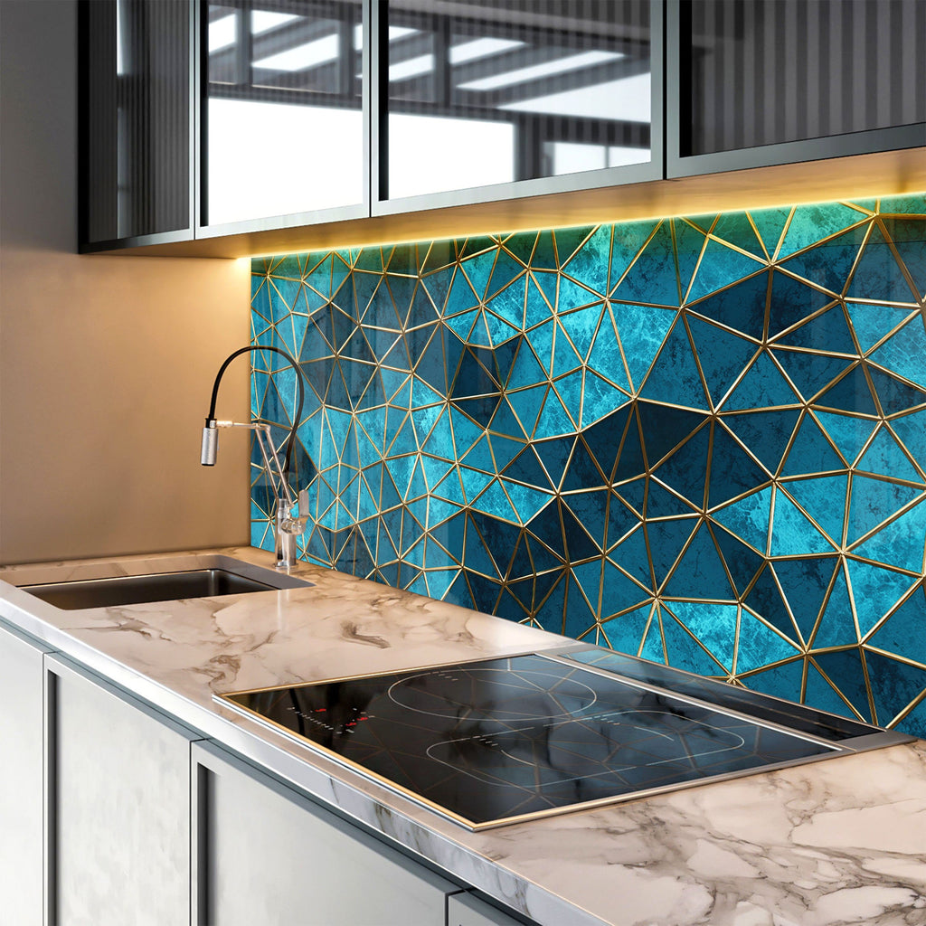 Geometric Blue & Gold - Glass Kitchen Backsplash-BacksplashArtworks