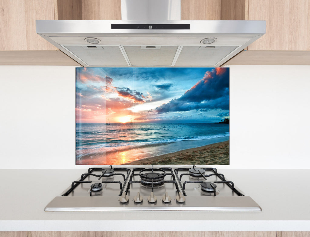 Ocean Sunset Serenity - Tempered Glass Kitchen Backsplash-BacksplashArtworks