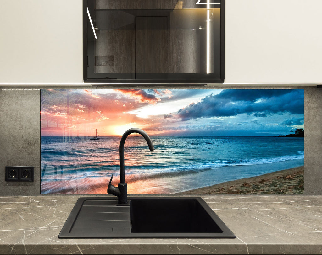 Ocean Sunset Serenity - Tempered Glass Kitchen Backsplash-BacksplashArtworks