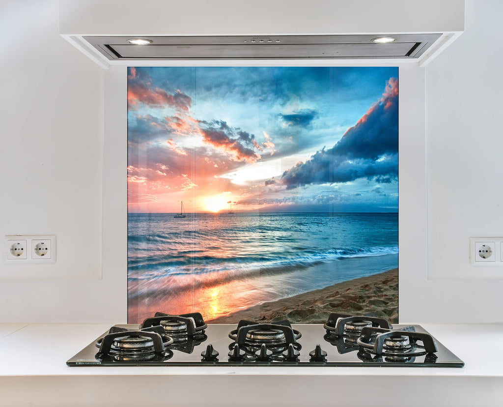 Ocean Sunset Serenity - Tempered Glass Kitchen Backsplash-BacksplashArtworks