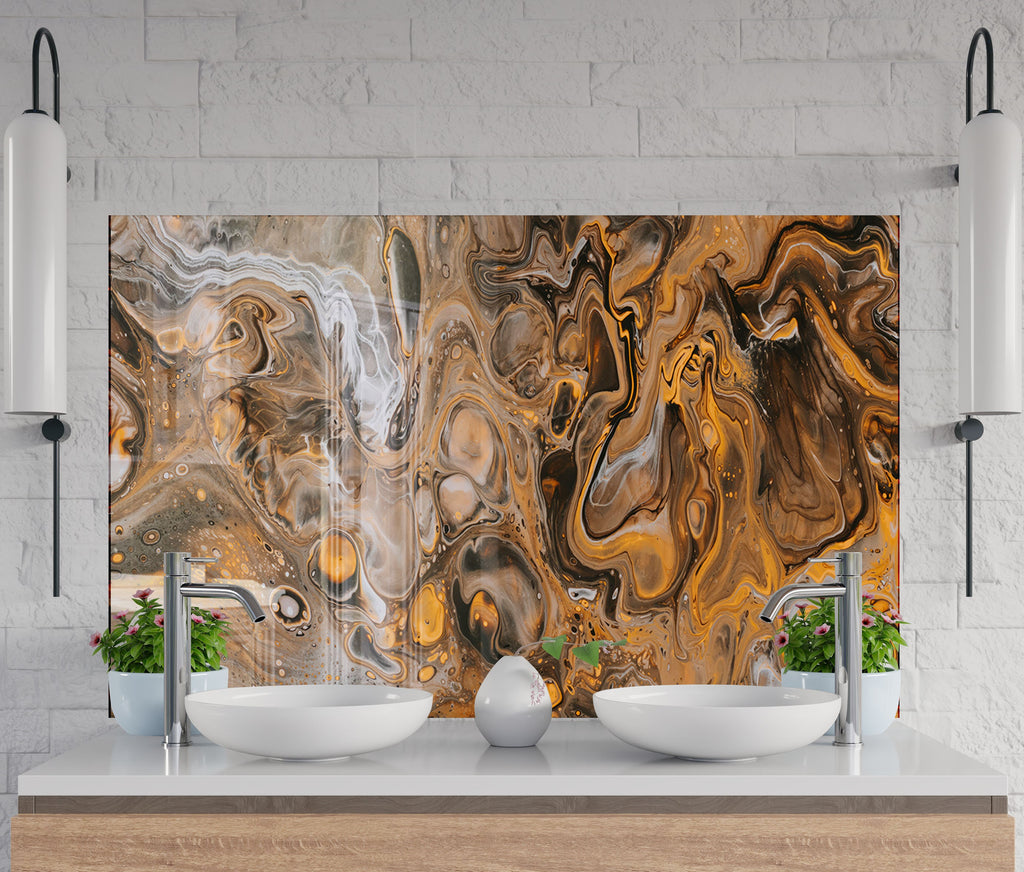 Golden Swirl Abstract - Glass Kitchen Backsplash-BacksplashArtworks