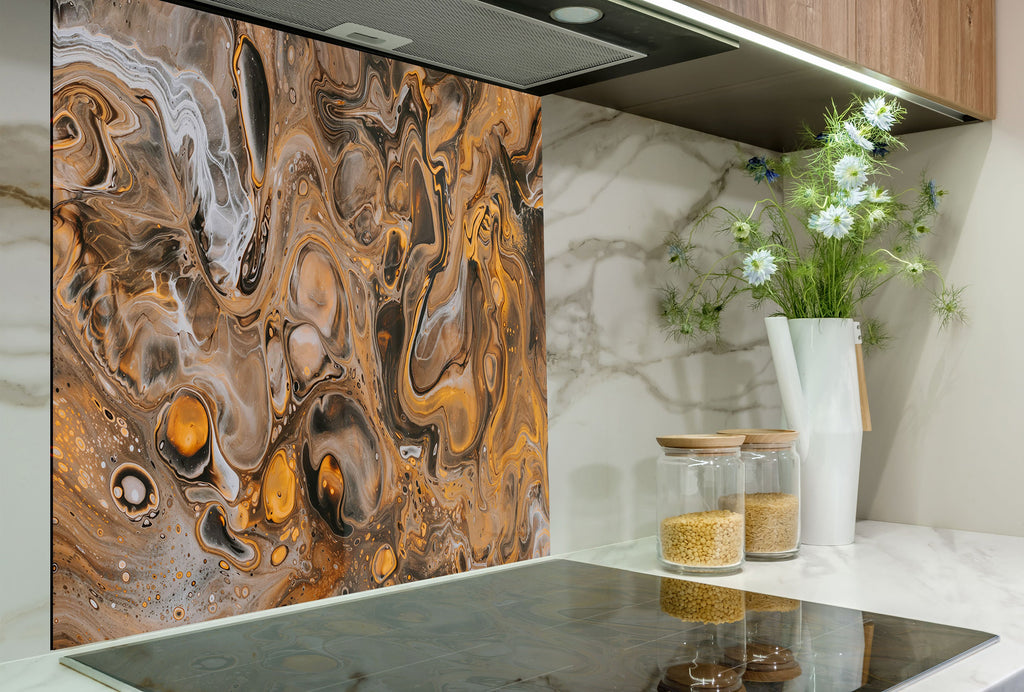 Golden Swirl Abstract - Glass Kitchen Backsplash-BacksplashArtworks
