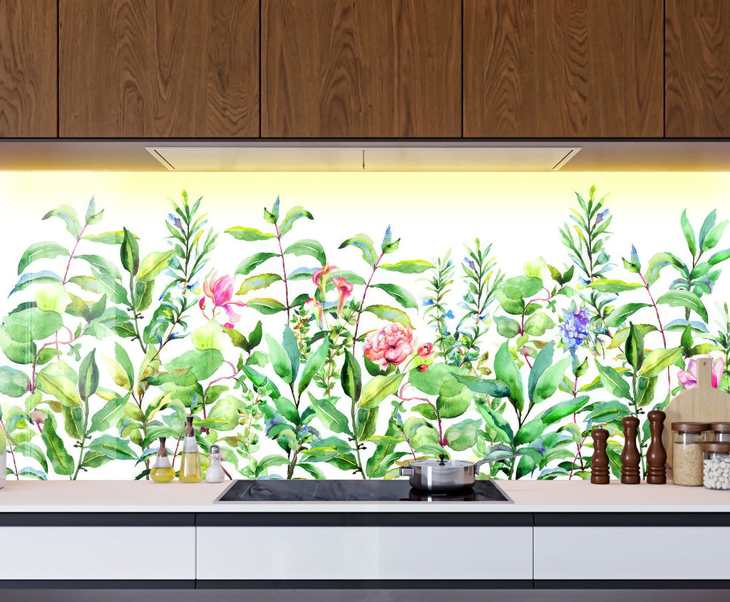 Watercolor Garden Bliss - Glass Kitchen Backsplash-BacksplashArtworks