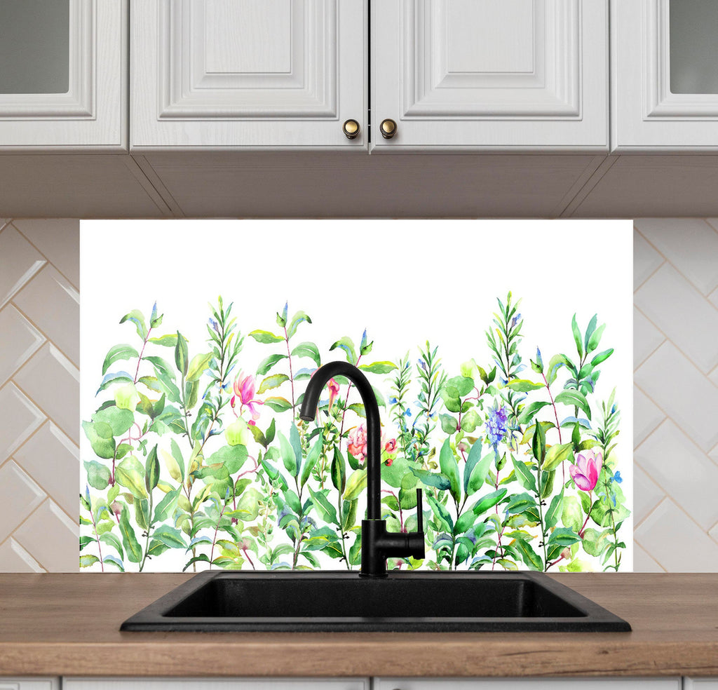 Watercolor Garden Bliss - Glass Kitchen Backsplash-BacksplashArtworks
