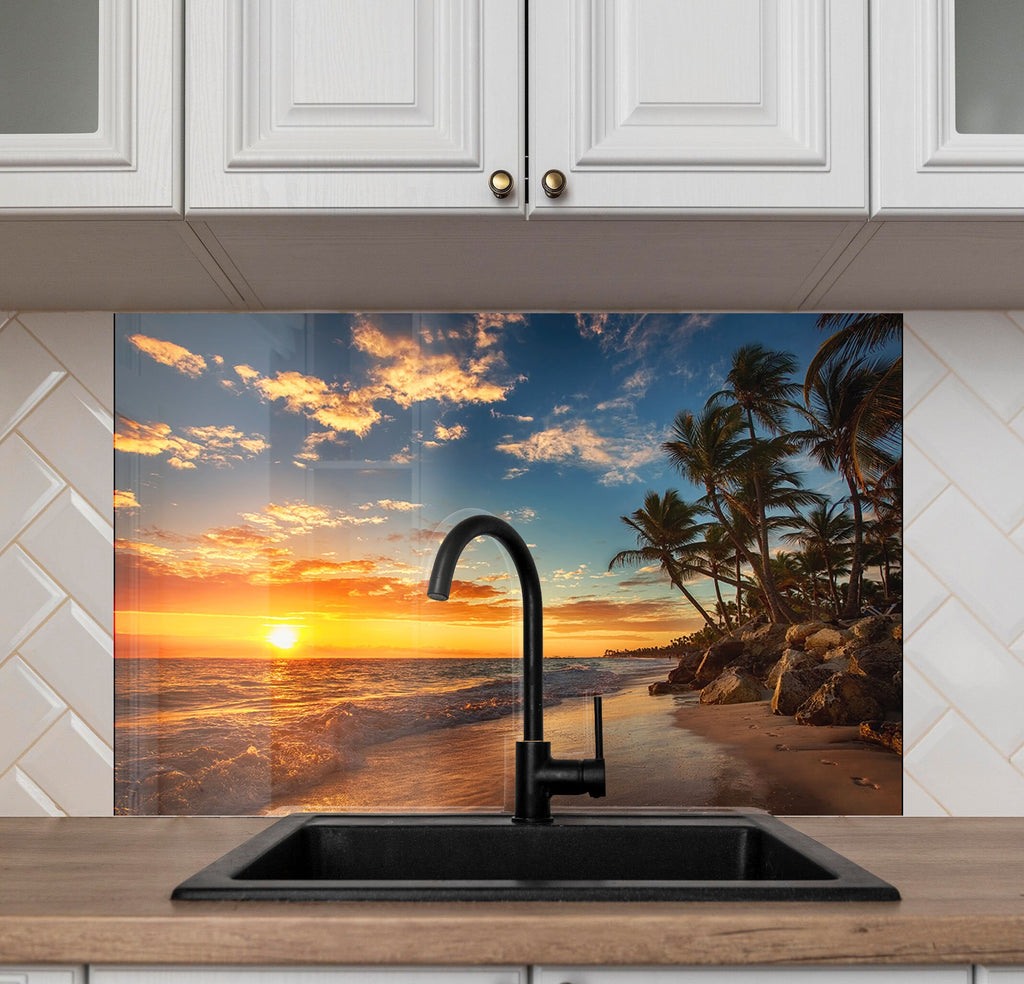 Tropical Sunset Beach Wall Art – Glass Kitchen Backsplash-BacksplashArtworks