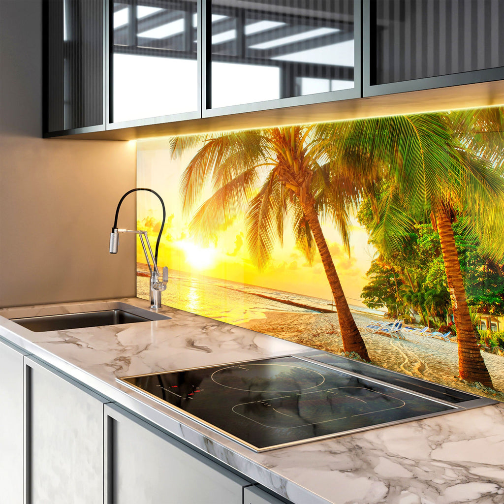 Tropical Beach Sunset Wall Art – Tempered Glass Kitchen Backsplash-BacksplashArtworks