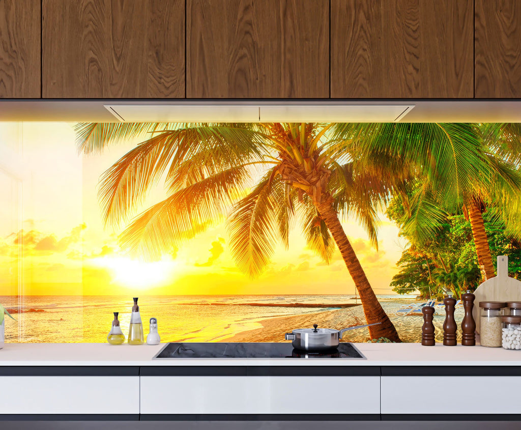 Tropical Beach Sunset Wall Art – Tempered Glass Kitchen Backsplash-BacksplashArtworks