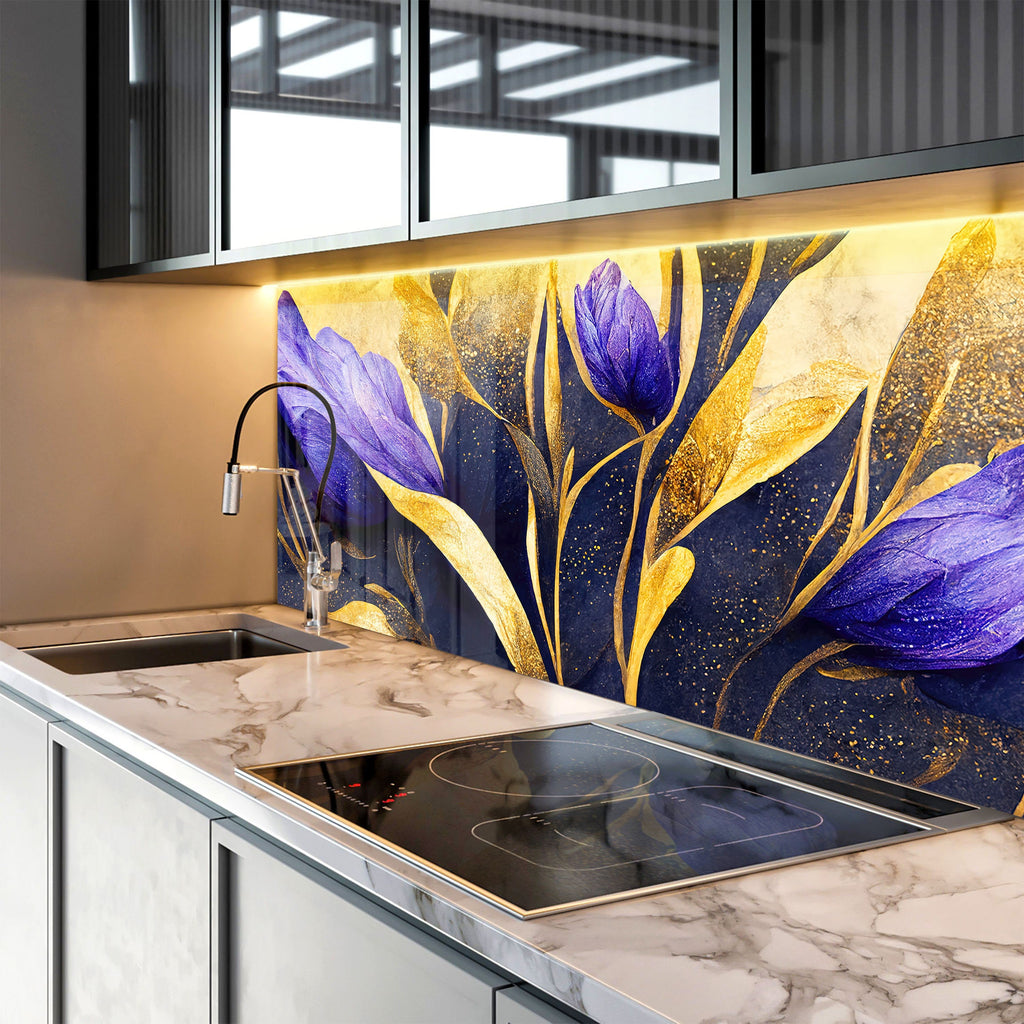 Purple Flower Tempered Glass Backsplash-BacksplashArtworks