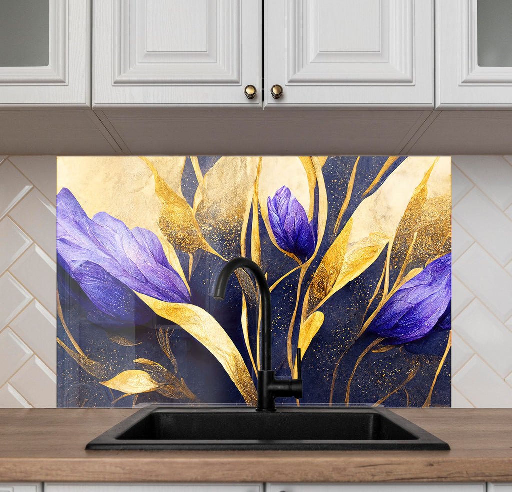 Purple Flower Tempered Glass Backsplash-BacksplashArtworks