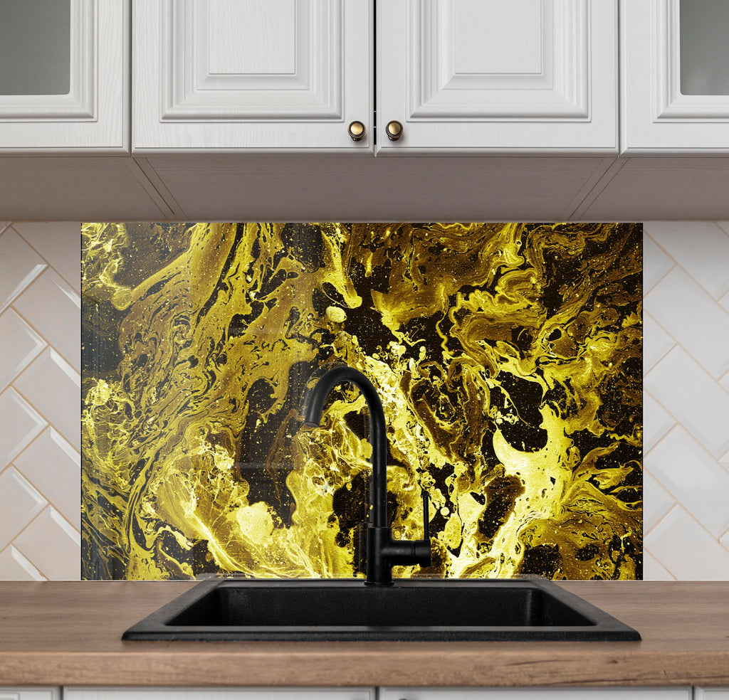 Gold & Black Marble Waves - Glass Kitchen Backsplash-BacksplashArtworks