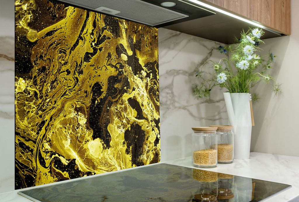 Gold & Black Marble Waves - Glass Kitchen Backsplash-BacksplashArtworks