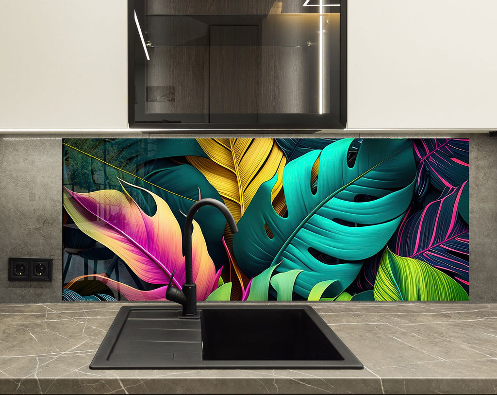 Neon Tropical Leaves - Glass Kitchen Backsplash-BacksplashArtworks