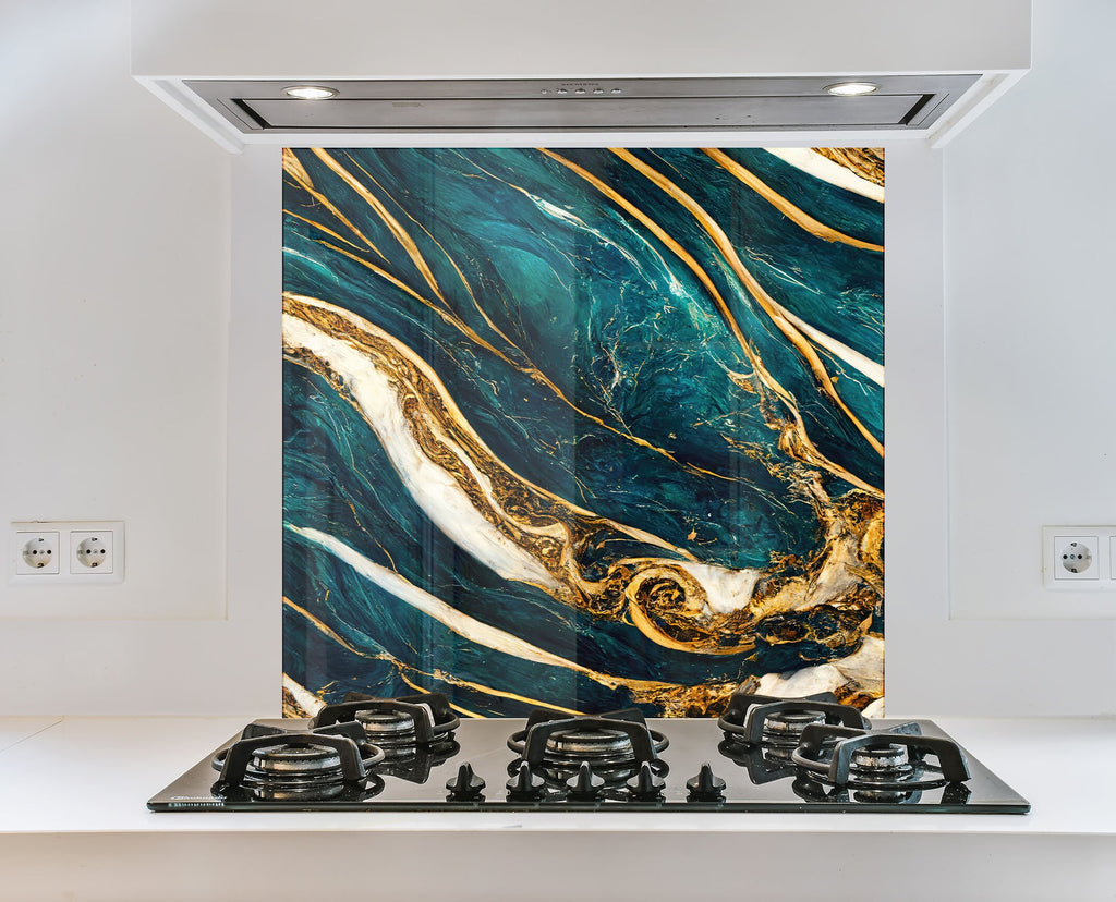Teal & Gold Marble Waves - Glass Kitchen Backsplash-BacksplashArtworks