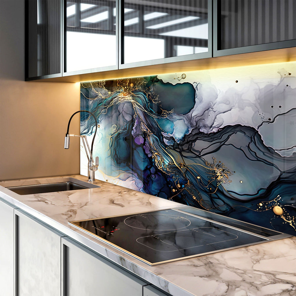 Midnight Blue & Gold Swirl - Glass Kitchen Backsplash-BacksplashArtworks