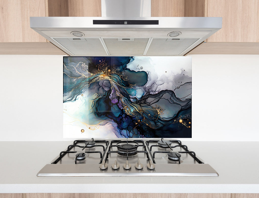 Midnight Blue & Gold Swirl - Glass Kitchen Backsplash-BacksplashArtworks