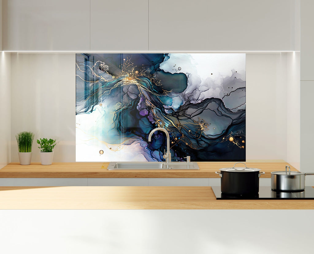 Midnight Blue & Gold Swirl - Glass Kitchen Backsplash-BacksplashArtworks
