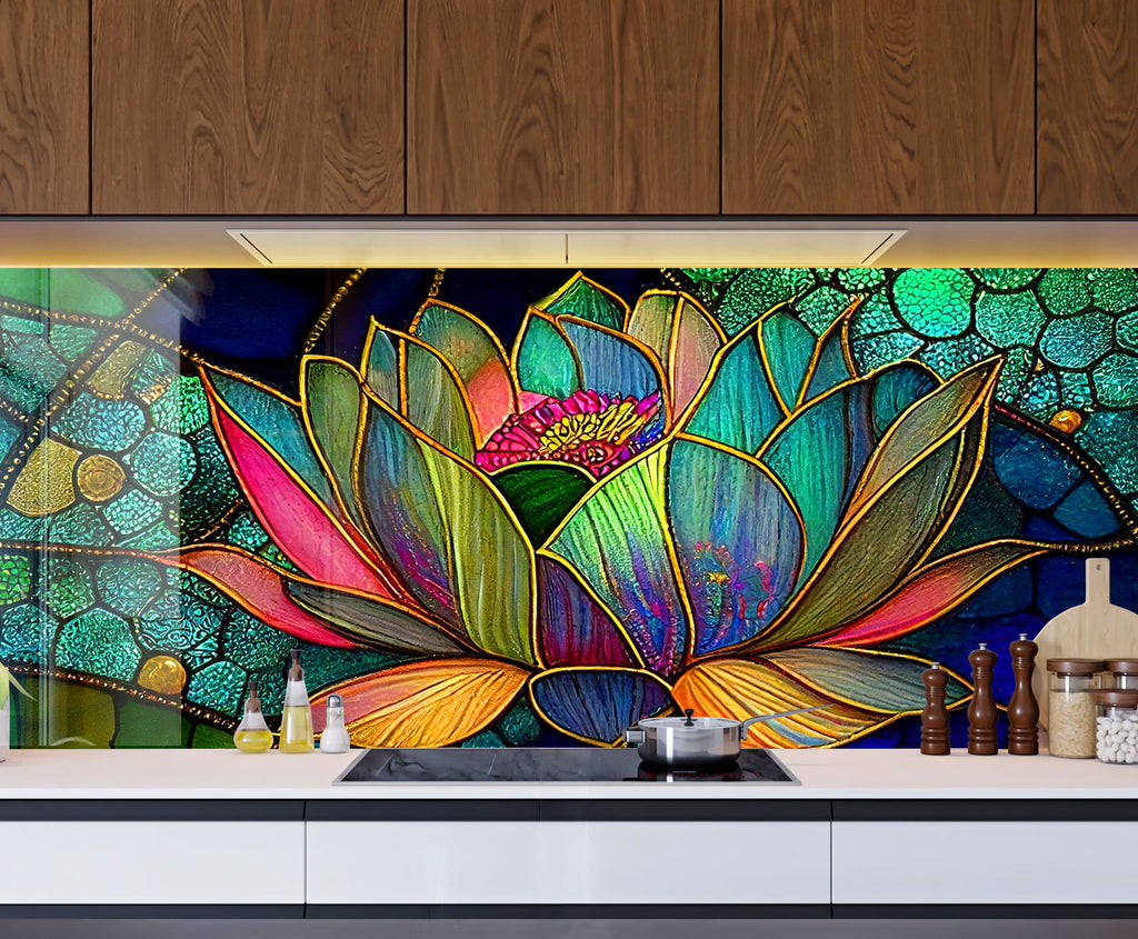 Lotus Stained - Glass Kitchen Backsplash-BacksplashArtworks